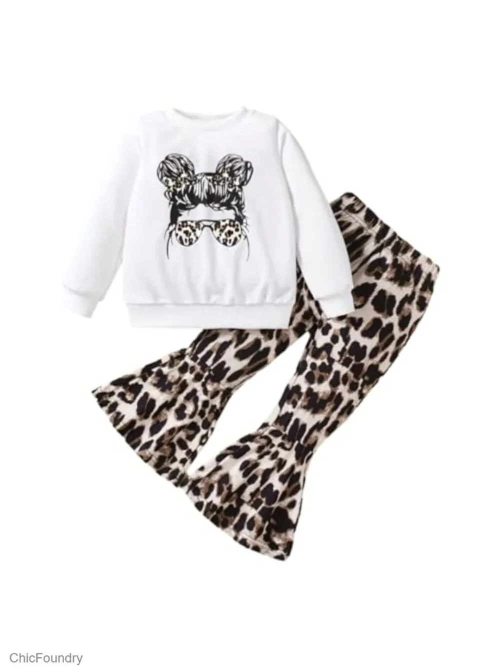 Toddler Girl Figure Graphic Drop Shoulder Top & Leopard Print Flared Pants Set